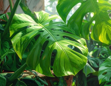 Close up photo of green monstera adansonii leaves known as daun janda bolong in home garden