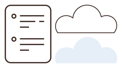 Document with text lines next to outlined and filled cloud shapes symbolizing digital storage, data access, and computing. Ideal for technology, organization, innovation, cloud computing, simplicity