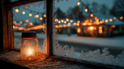 Rustic Frosted Window with Mason Jar Candle Overlooking Snowy Village