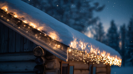 Cozy Log Cabin Roof with Snow and Warm Christmas String Lights at Night