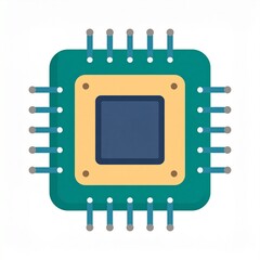Vibrant flat design illustration of a square computer chip with multiple connection pins, symbolizing advanced technology, data processing, and electronic components in a digital environment