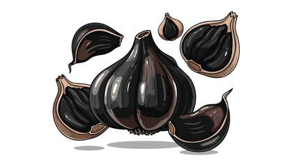 Exquisite black garlic illustration, featuring whole bulbs and separated cloves. A fermented culinary superfood