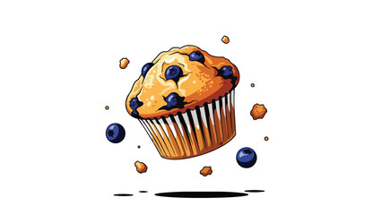 Delicious floating blueberry muffin with scattered berries and crumbs in a playful vector style illustration perfect for sweet treat advertising and