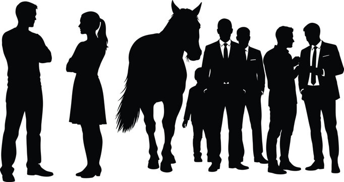 Business Team Silhouettes Standing with Horse on White Background