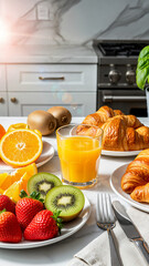 breakfast with croissants and fruits