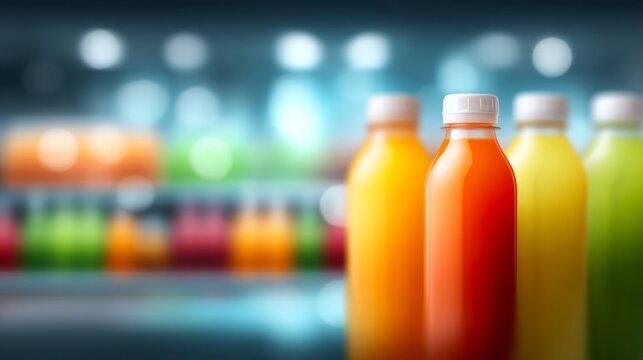 In a bustling market, various bottles of refreshing drinks shine in vivid colors. Orange, green, and other vibrant hues catch the eye, inviting passersby to enjoy a sip