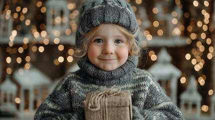 Adorable Child in Knitted Hat Holding Gift Box with Warm Christmas Lights