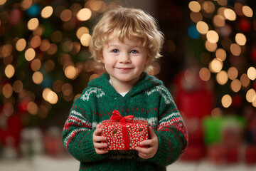 Happy Young Child in Christmas Sweater Holding Gift Box with Bokeh Lights