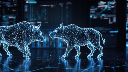 Digital Bull and Bear Market Concept with Futuristic Glowing Animals.