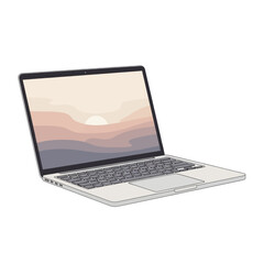 Modern laptop open with scenic gradient wallpaper.