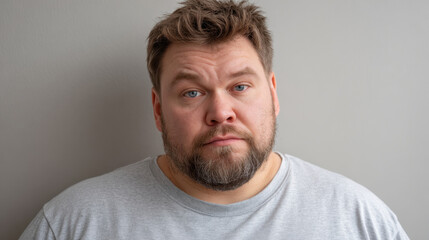 Obraz premium Overweight man portrait with neutral expression standing against gray wall looking at camera casual indoor mood