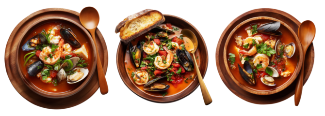 California Cioppino seafood stew with shrimp, clams, mussels, and fish in tomato broth isolated on white background