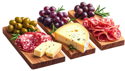 Gourmet charcuterie board with olives, grapes, cheese, and cured meats
