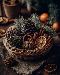 Rustic Christmas Basket with Pinecones, Cinnamon, and Dried Orange Slices