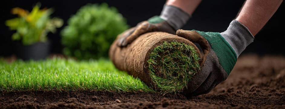 Professional gardener laying new green grass lawn roll on prepared soil with gloved hands creating fresh turf installation and neat landscape with rich earth and healthy sod