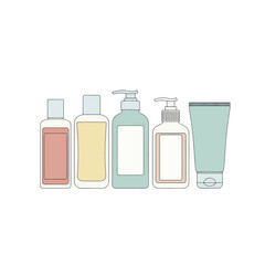 Assorted cosmetic bottles and tubes arranged in a row.