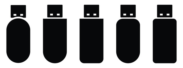USB Flash Drive Icon Set – Vector Illustration, Flash Disk Symbol, USB Charging, App and Website Icons