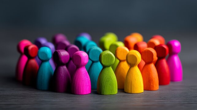 business, teamwork, idea distribution, communication, creative network, Diverse Wooden Figures in Color-Coded Zones for Cross-Functional Teams and Data Clustering
