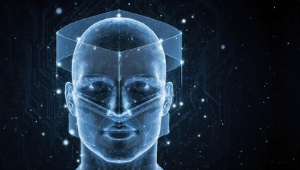 Digital Human Head with Graduation Cap Representing Education and Technology.