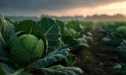Green cabbage field sunrise dewy vegetable crop agriculture rural landscape farm morning mist serene