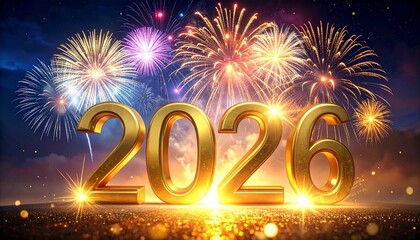 &ldquo;2 0 2 6&rdquo; formed with golden metallic numbers glowing brightly in the night sky. Colorful fireworks explode behind and around the text, with sparkling particles and bokeh lights.