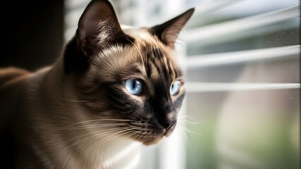 A beautiful Siamese cat with piercing blue eyes gazes intently out a window, with blurred blinds and outdoor greenery in the background.