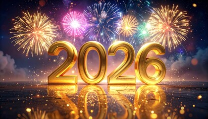 &ldquo;2 0 2 6&rdquo; formed with golden metallic numbers glowing brightly in the night sky. Colorful fireworks explode behind and around the text, with sparkling particles and bokeh lights.