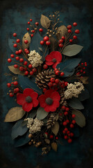 Elegant Christmas Floral Arrangement with Red Flowers, Berries, and Pinecones