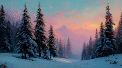 Breathtaking Winter Mountain Landscape Painting with Snowy Pine Trees and Sunset Sky
