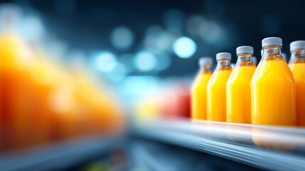 A row of vibrant orange beverages glistens on a refrigerated shelf, surrounded by the lively atmosphere of a busy market. Sunlight spills in, enhancing their cheerful hue