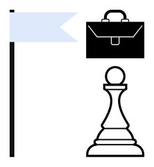 Business strategies, planning success, goal achievement, corporate leadership, decision-making, teamwork. A flag, chess pawn and briefcase arranged cleanly. Business strategies and goal achievement