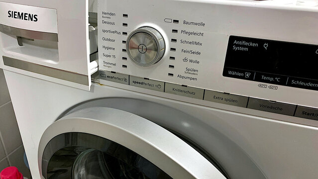 Europe,Bad Wildungen, Germany &ndash; 10. 12. 2025: Siemens washing machine. Company logo.