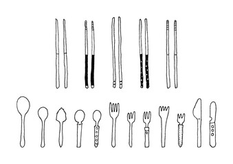 箸とカトラリーの手描きイラストセット