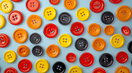 Fototapeta premium Colorful sewing buttons arranged in repeating pattern on blue surface, creative craft and textile background for design and fashion projects