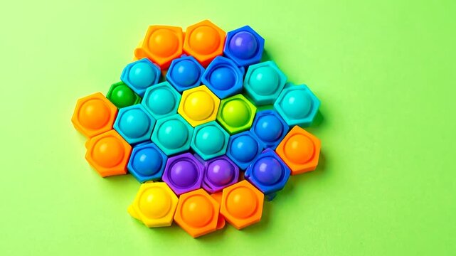 A colorful, hexagon-shaped toy with pop-it bubbles on a vibrant, green background