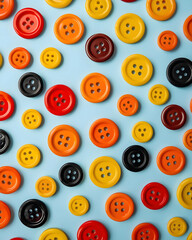 Fototapeta premium Colorful sewing buttons arranged in repeating pattern on blue surface, creative craft and textile background for design and fashion projects