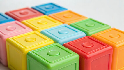 Geometric forms iconography visual. Colorful toy cubes arranged in grid pattern, showcasing vibrant hues and playful design