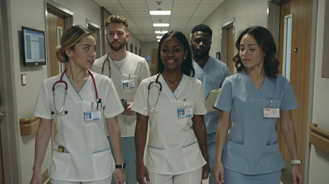 A diverse group of four women and two men medical staff walking and talking down hospital corridor, healthcare team.