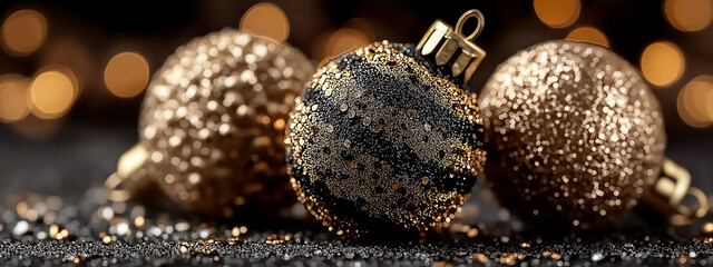 Elegant Black and Gold Glitter Christmas Ornaments on Dark Bokeh Background