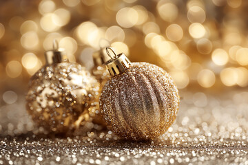 Elegant Golden Christmas Baubles on Sparkling Background with Bokeh Holiday Lights