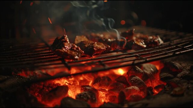 Sizzling meat grilling over fiery coals on a barbecue grill at night
