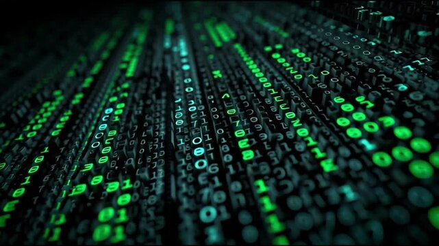 Digital Code Cascade: A mesmerizing visual of streams of binary code flowing downwards, illuminated with an ethereal green glow, symbolizing data, technology, and the intricacies of the digital realm.