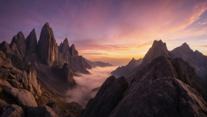 Dramatic Mountain Peaks at Sunset with Cloud Inversion.