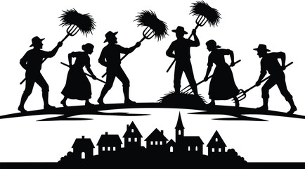 Farmers harvesting hay with pitchforks silhouette illustration, traditional rural agriculture teamwork scene above village skyline, seasonal farm labor concept, black and white vector artwork © Md