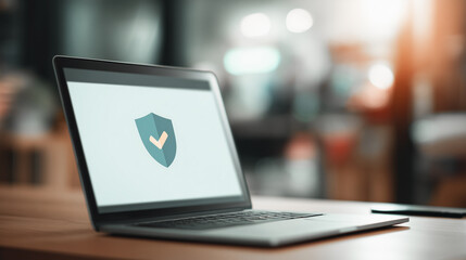 Secure laptop with shield and checkmark icon on screen showing online protection and safe browsing in modern office environment