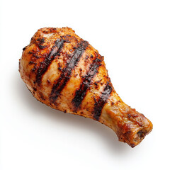 Grilled chicken drumstick with charred grill marks, delicious and savory, on white background.