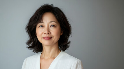 Fresh faced Chinese woman with soft features and wavy hair, smiling gently.