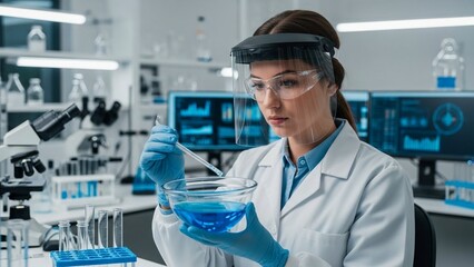 Female scientist in lab coat conducts scientific research with blue liquid, wearing safety glasses and face shield, using micropipette and a bowl