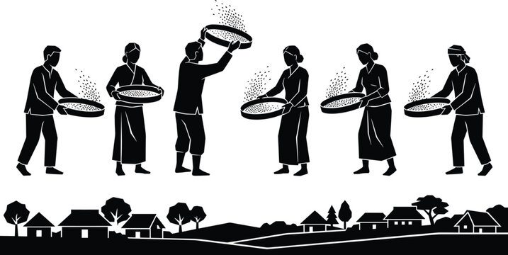 Farmers winnowing grain in rural village silhouette illustration, traditional agriculture lifestyle scene, community harvesting concept, black and white vector artwork
