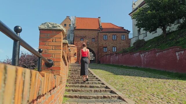 Cinematic scene showing quiet walk through heritage architecture path